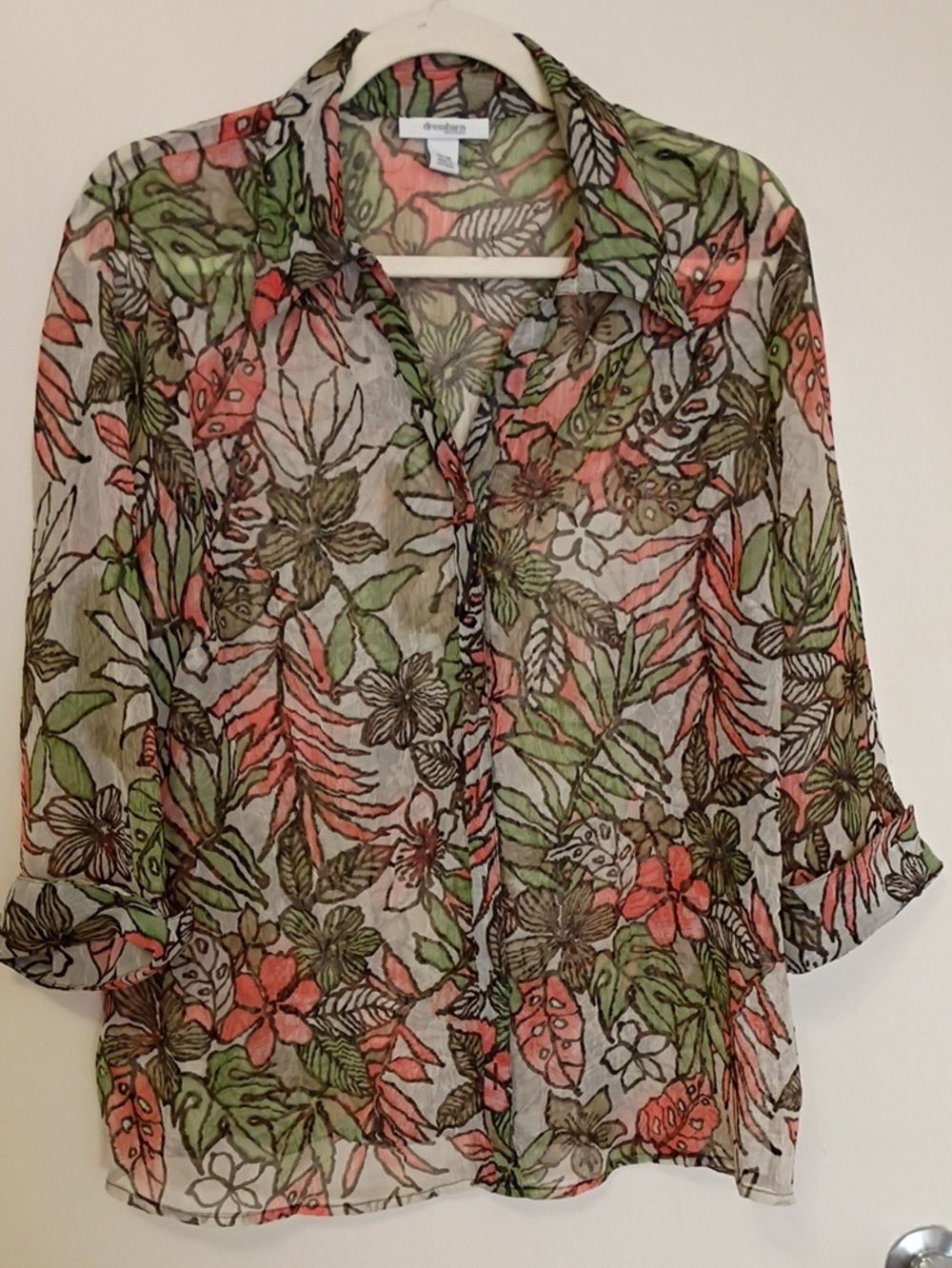 CLEARANCE dressbarn Coral and Green Sheer Floral Button-Down Shirt
